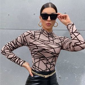 Mock Neck Geo Print Mesh Top